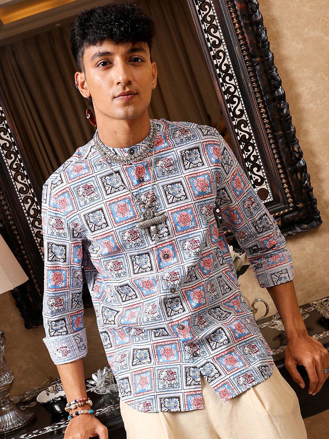 the indian garage co slim fit ethnic motifs printed mandarin collar pure cotton shirt