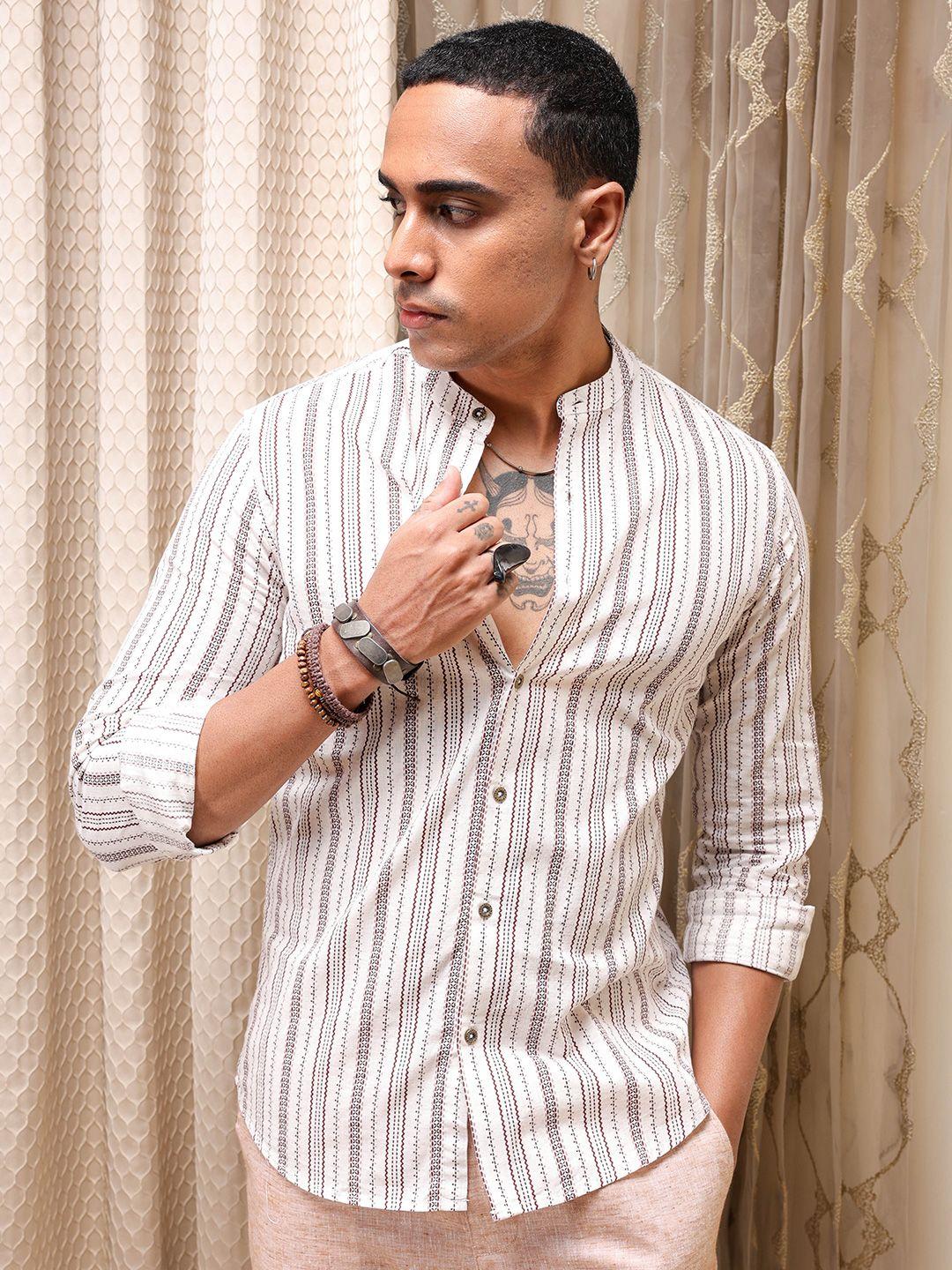 the indian garage co slim fit vertical  striped mandarin collar pure cotton casual shirt