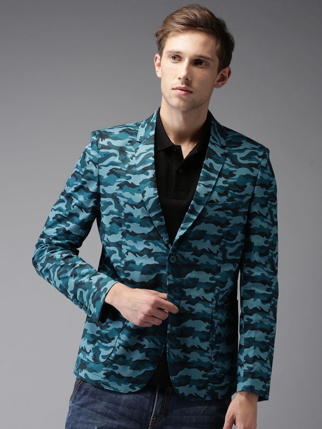 the indian garage co teal blue slim fit printed casual blazer