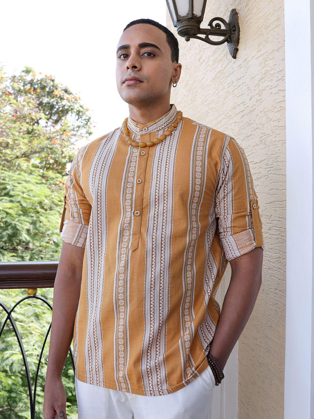 the indian garage co vertical striped mandarin collar roll-up sleeves pure cotton shirt