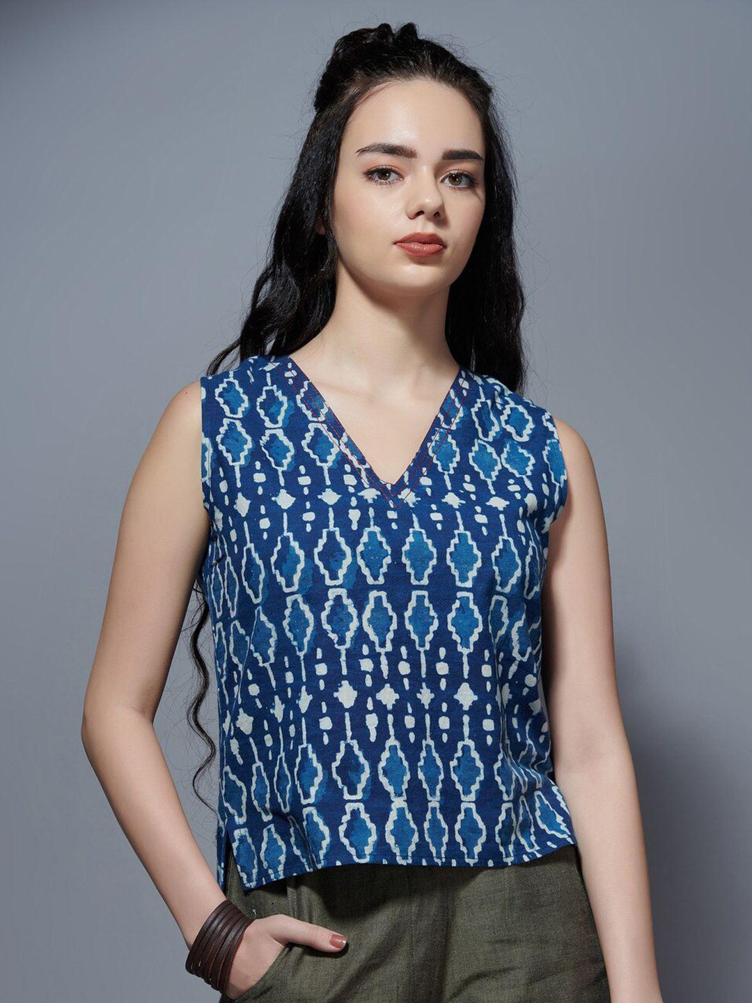 the kaatn trail blue geometric print pure cotton top