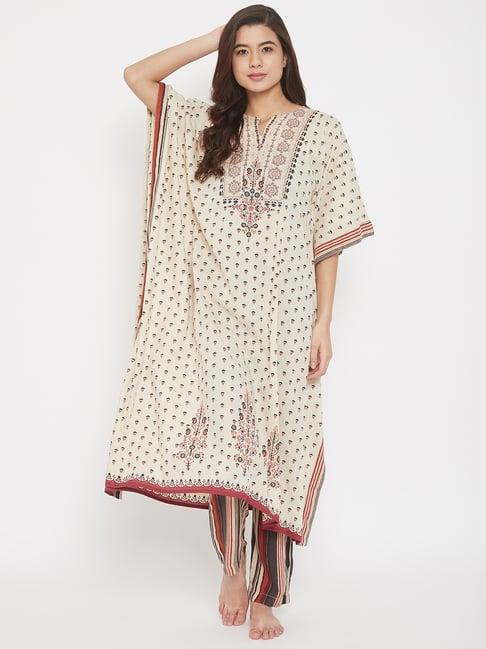 the kaftan company beige printed kaftan with pyjama set