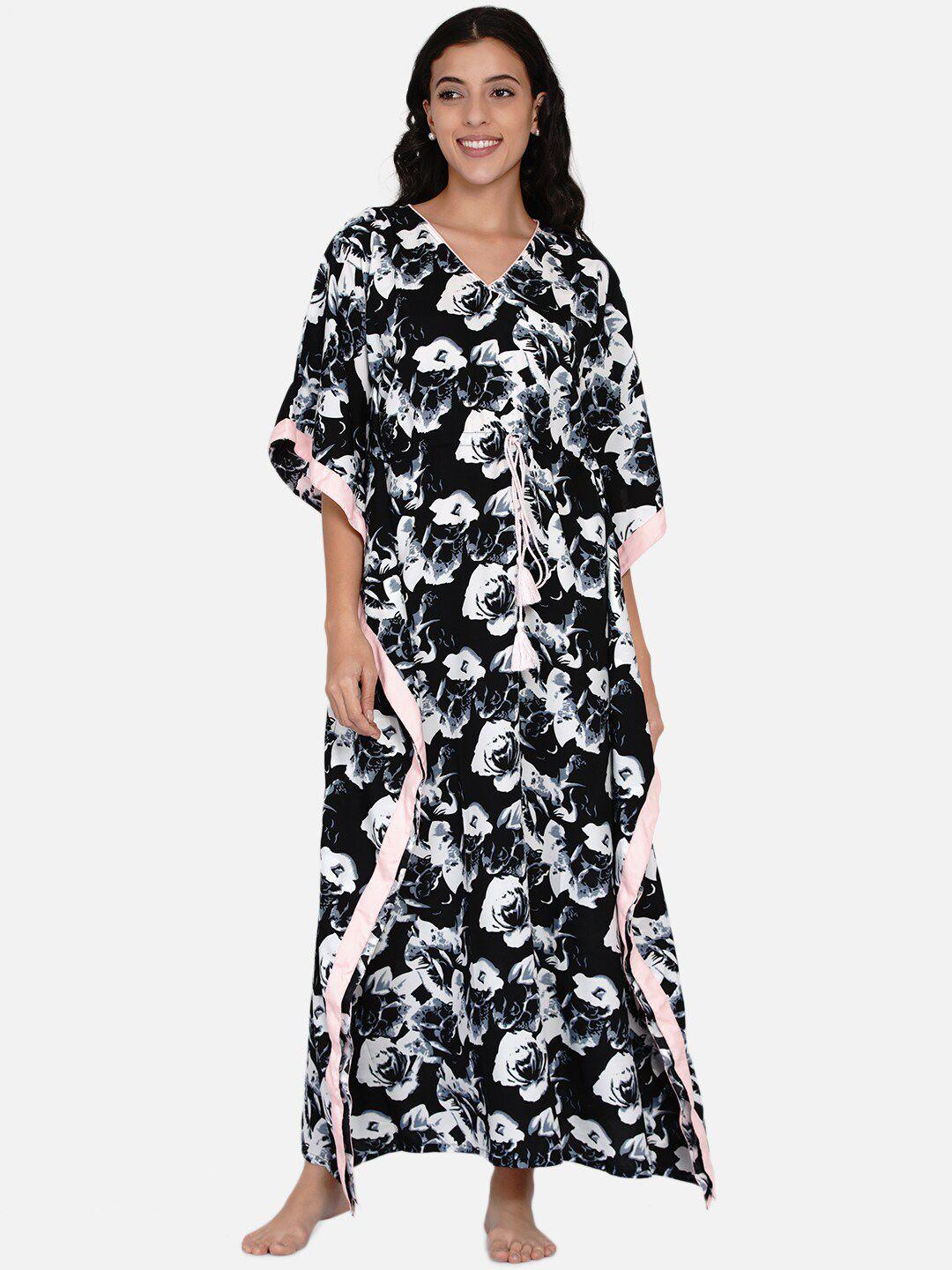 the kaftan company black & white floral printed maxi nightdress