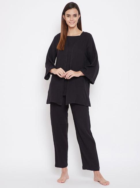 the kaftan company black cotton 3 piece pyjama sets