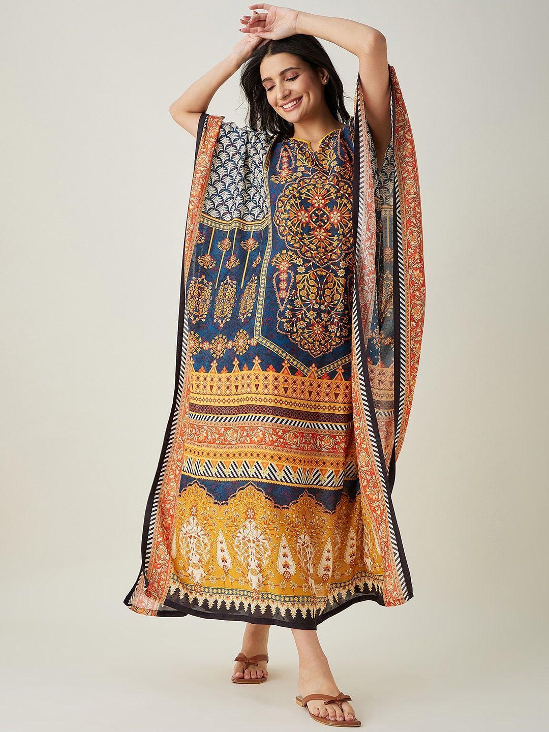 the kaftan company blue & orange floral printed maxi kaftan nightdress