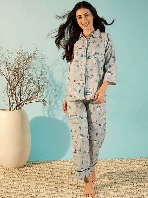 the kaftan company blue cotton printed top pyjamas set