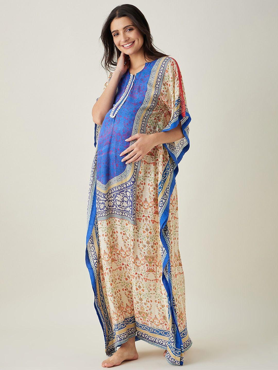 the kaftan company blue floral printed maternity maxi kaftan nightdress