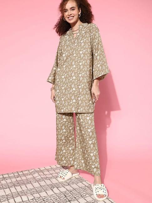 the kaftan company brown cotton printed kurta pyjama set