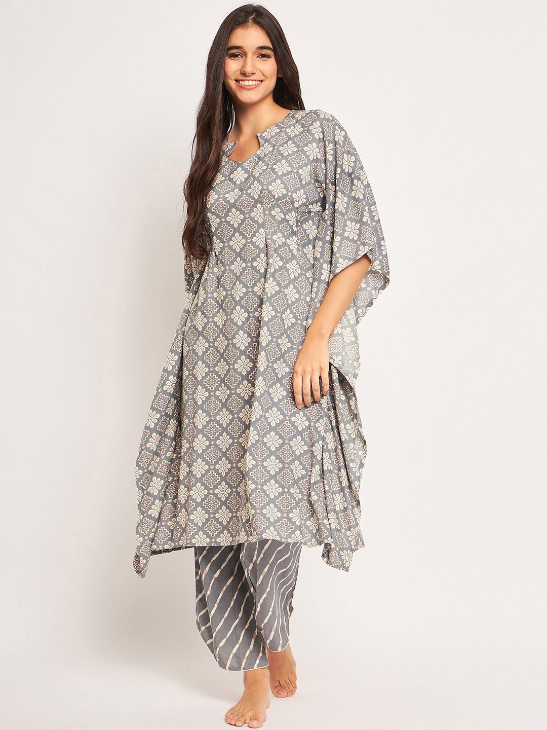the kaftan company ethnic motifs printed longline kaftan with pyjamas