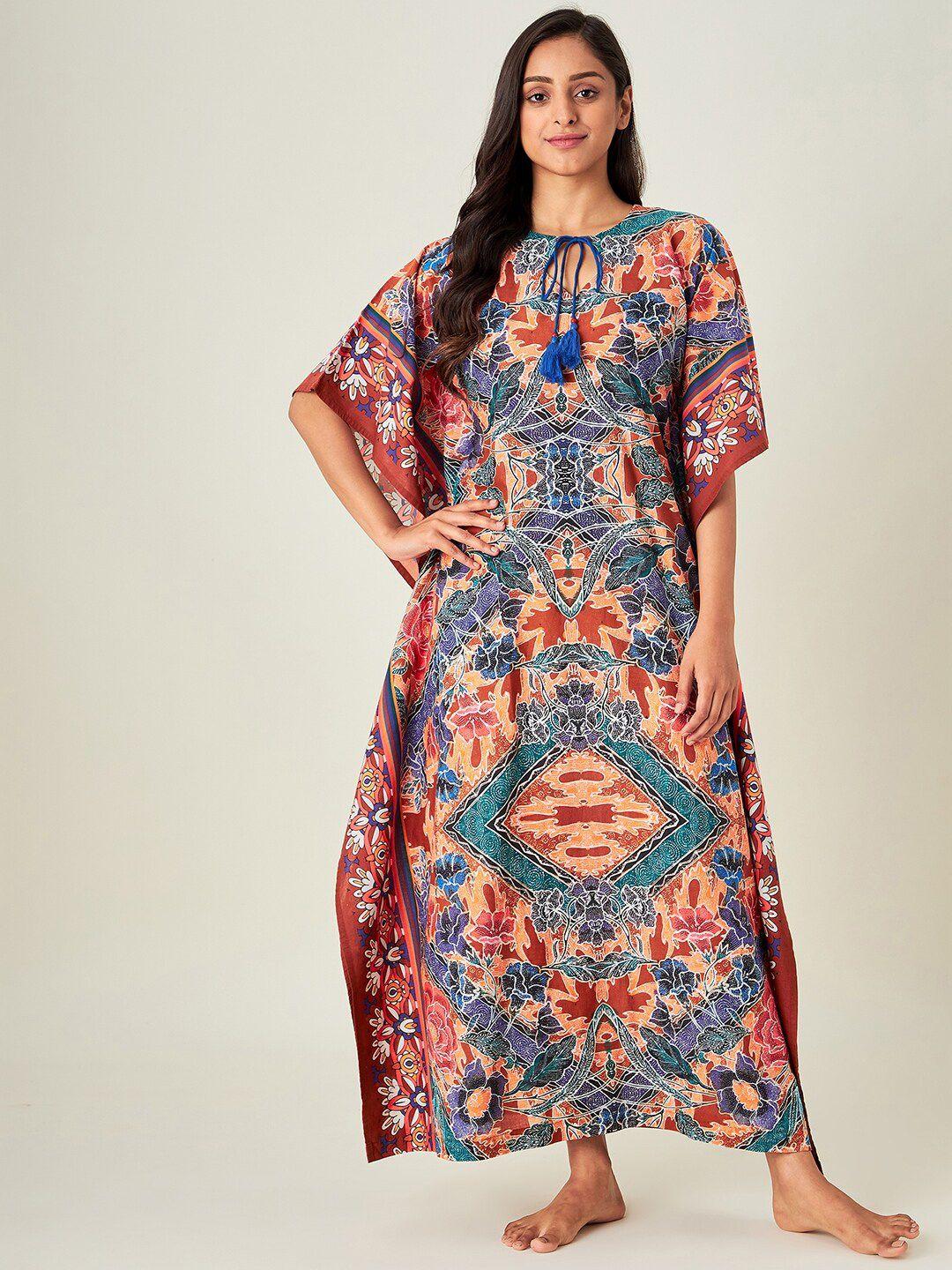 the kaftan company ethnic motifs printed pure cotton maxi kaftan nightdress