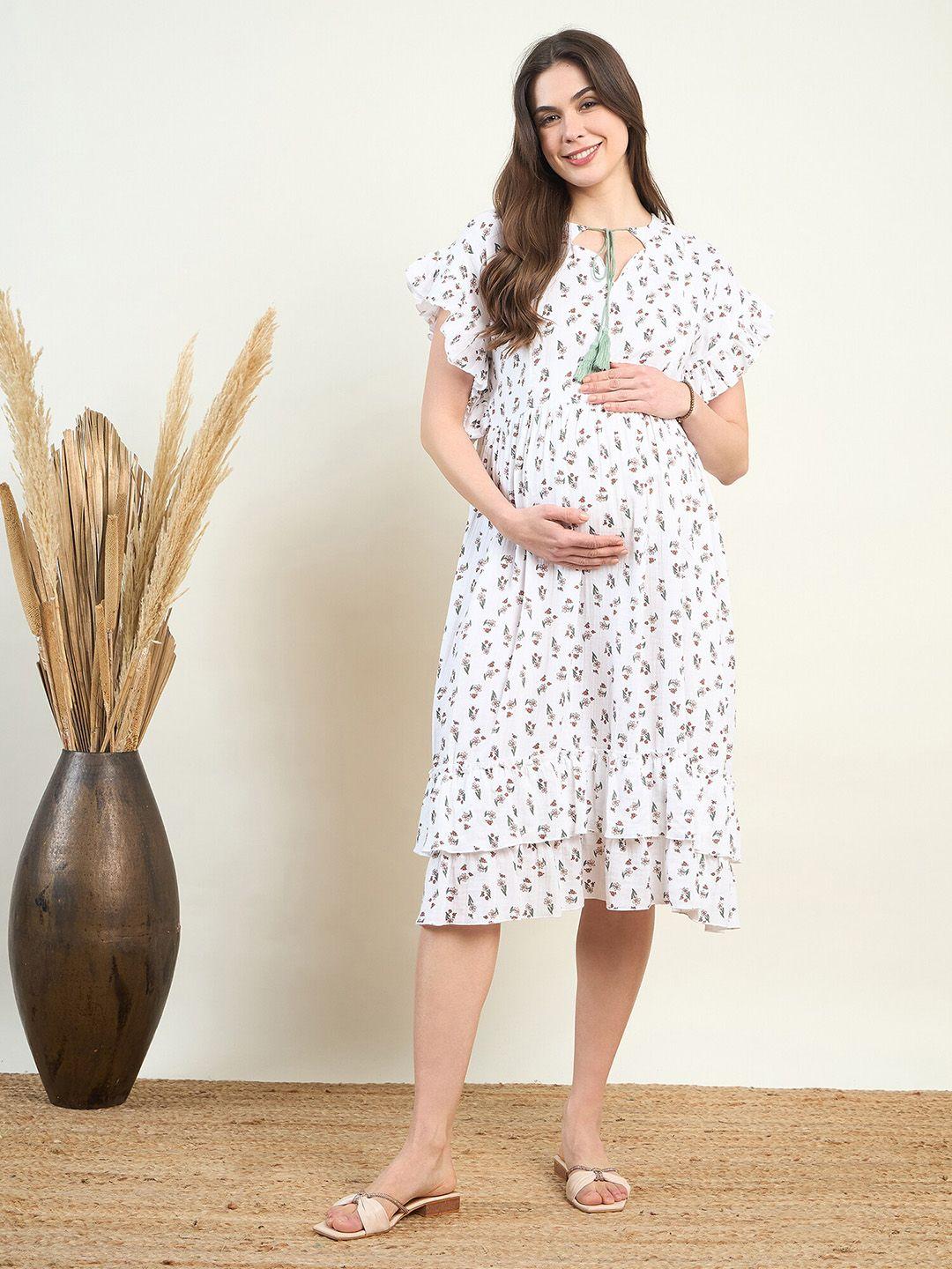the kaftan company floral print ruffled maternity fit & flare midi dress