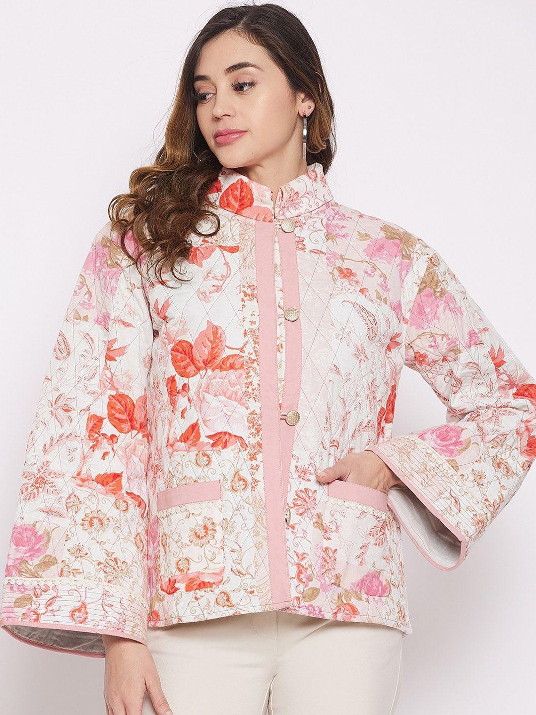 the kaftan company floral printed mock collar cotton quilted jacket