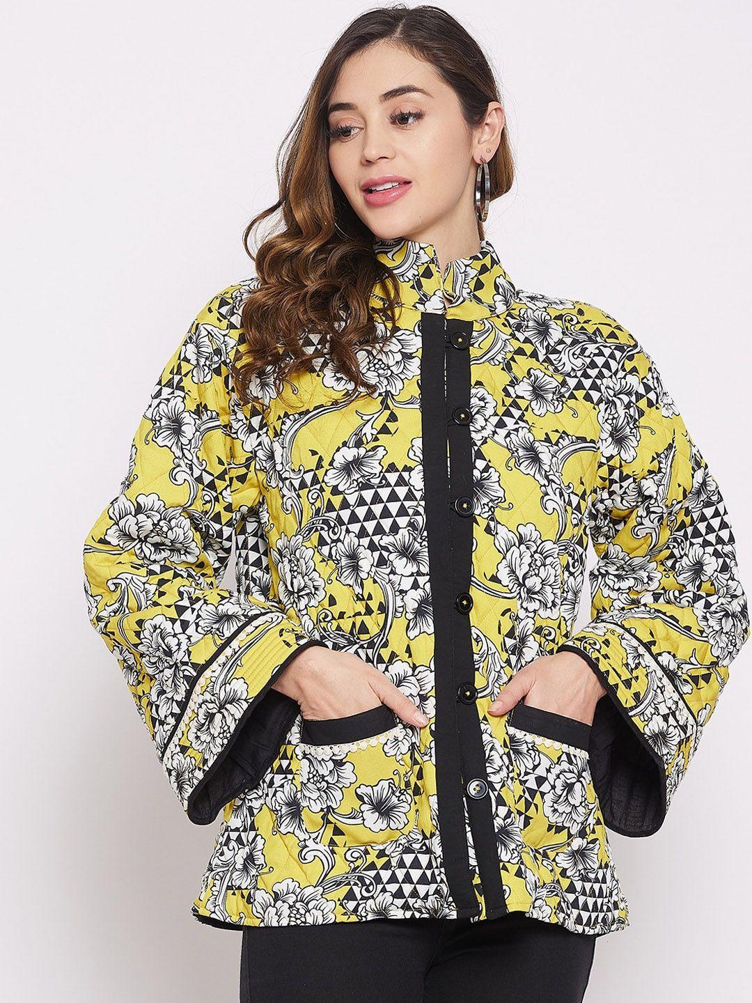 the kaftan company floral printed mock collar cotton quilted jacket