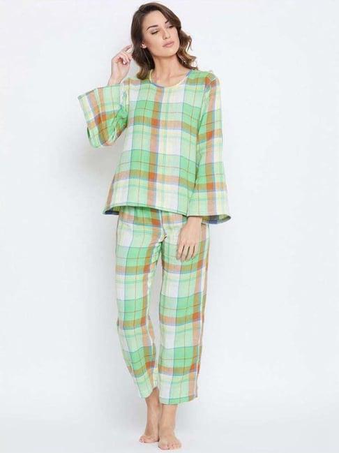 the kaftan company green cotton chequered top pyjamas set