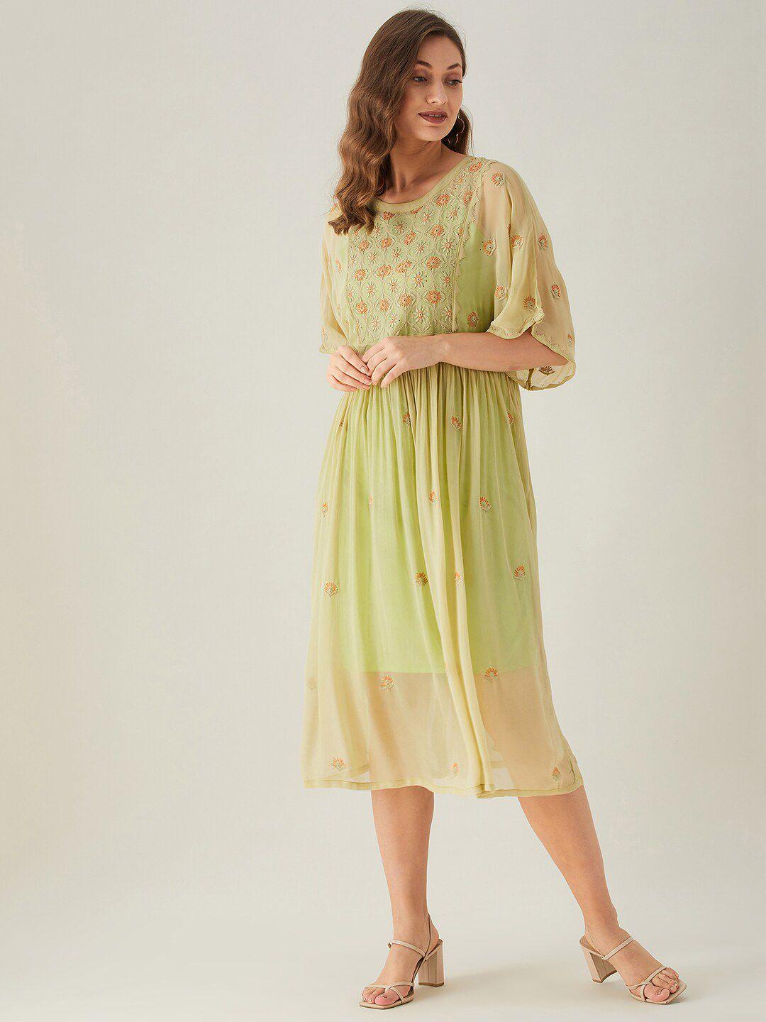 the kaftan company green floral embroidered georgette a-line midi dress
