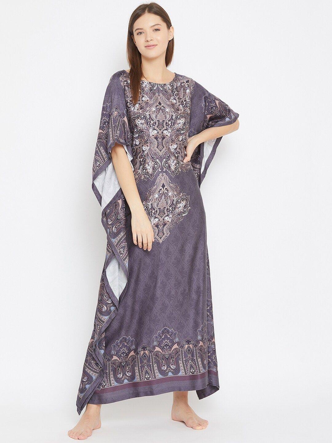 the kaftan company grey & beige printed nightdress