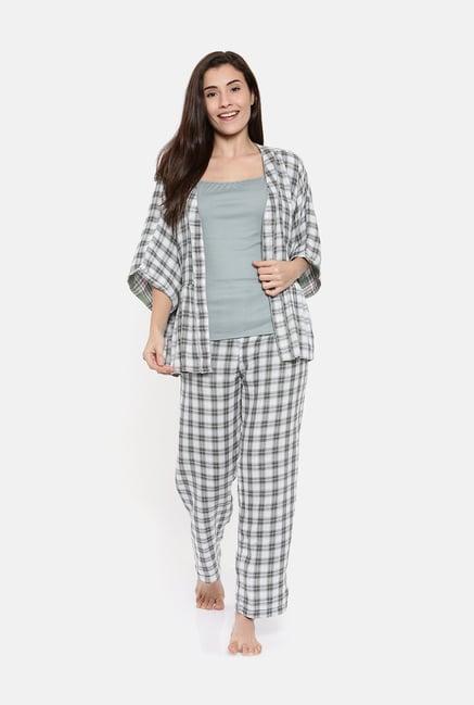 the kaftan company grey & green checks reversible lounge set