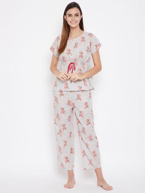the kaftan company grey & red floral print pyjama sets