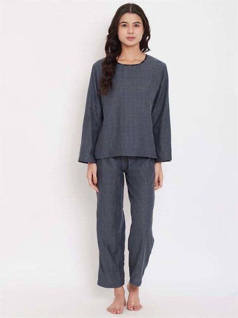 the kaftan company grey cotton plain top pyjamas set