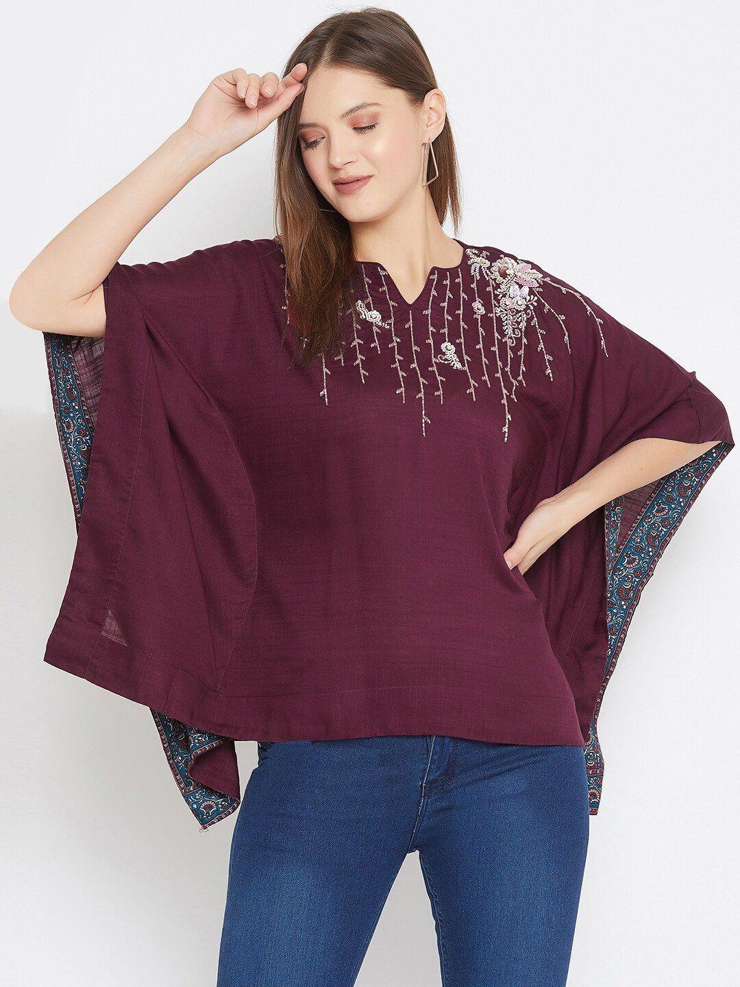 the kaftan company maroon floral hand embroidered kaftan top