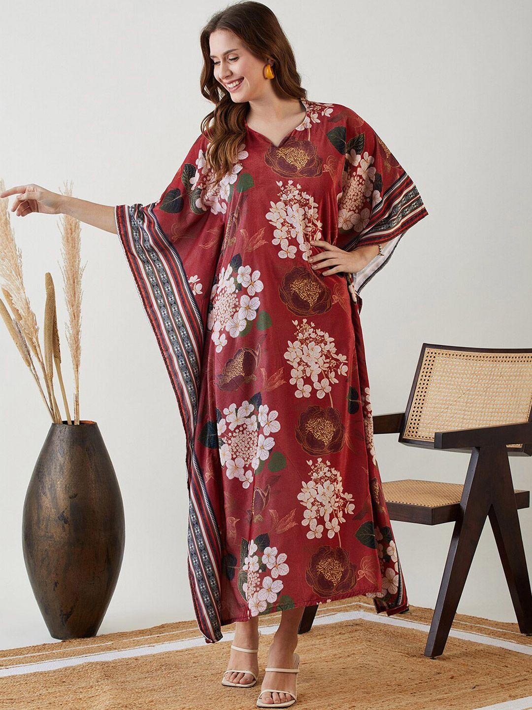 the kaftan company maroon floral print velvet kaftan maxi dress