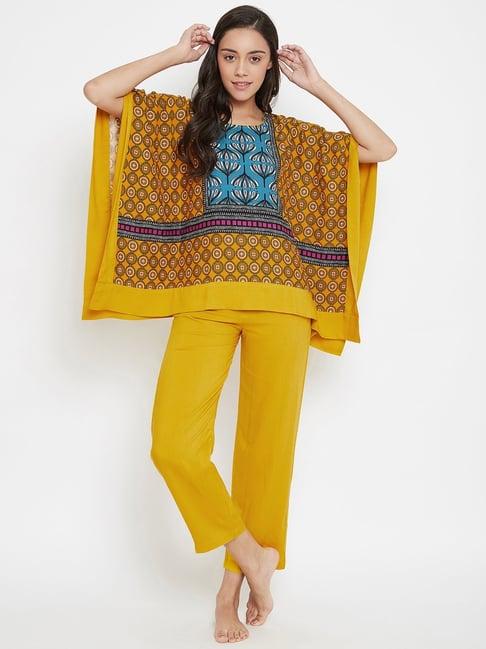 the kaftan company mustard printed kaftan with pyjama set