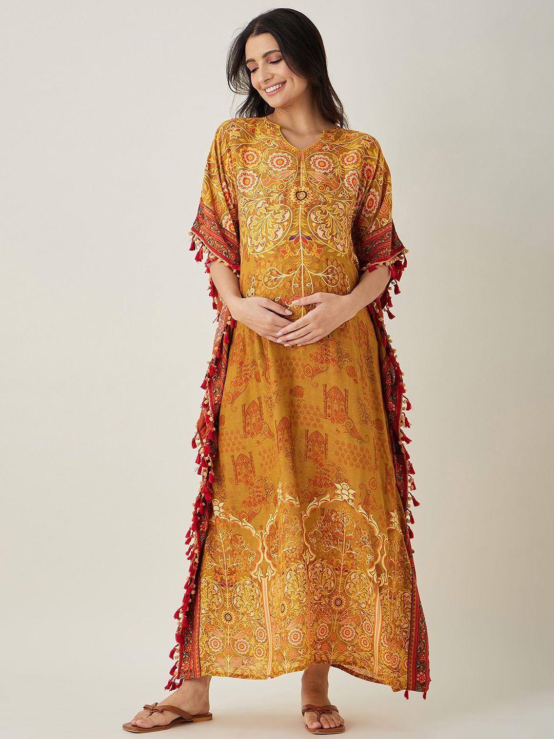 the kaftan company mustard yellow floral printed maternity maxi kaftan nightdress