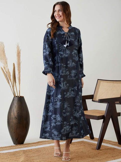 the kaftan company navy cotton printed maxi dress