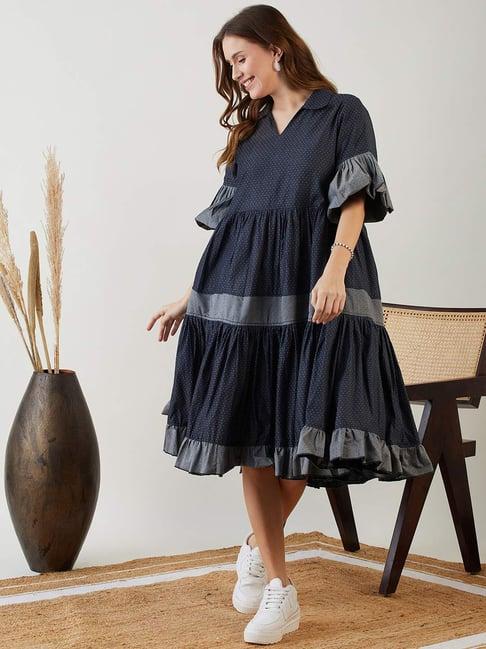 the kaftan company navy cotton self pattern a-line dress