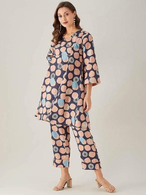 the kaftan company peach & navy polka dots kurta with pants