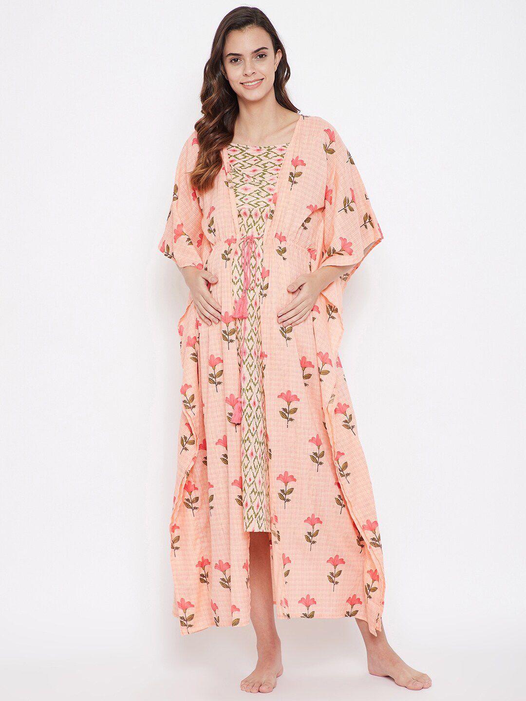 the kaftan company peach-coloured ethnic motifs printed pure cotton maxi kaftan nightdress