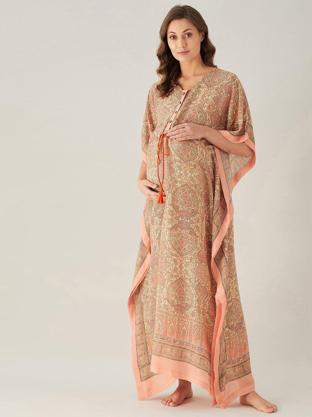 the kaftan company peach printed maxi maternity and feeding kaftan nightdress