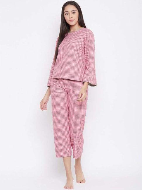 the kaftan company pink cotton chequered top pyjamas set