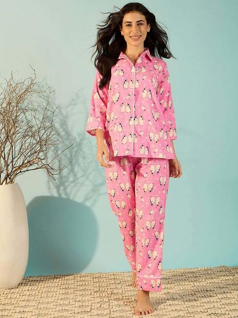 the kaftan company pink cotton printed top pyjamas set