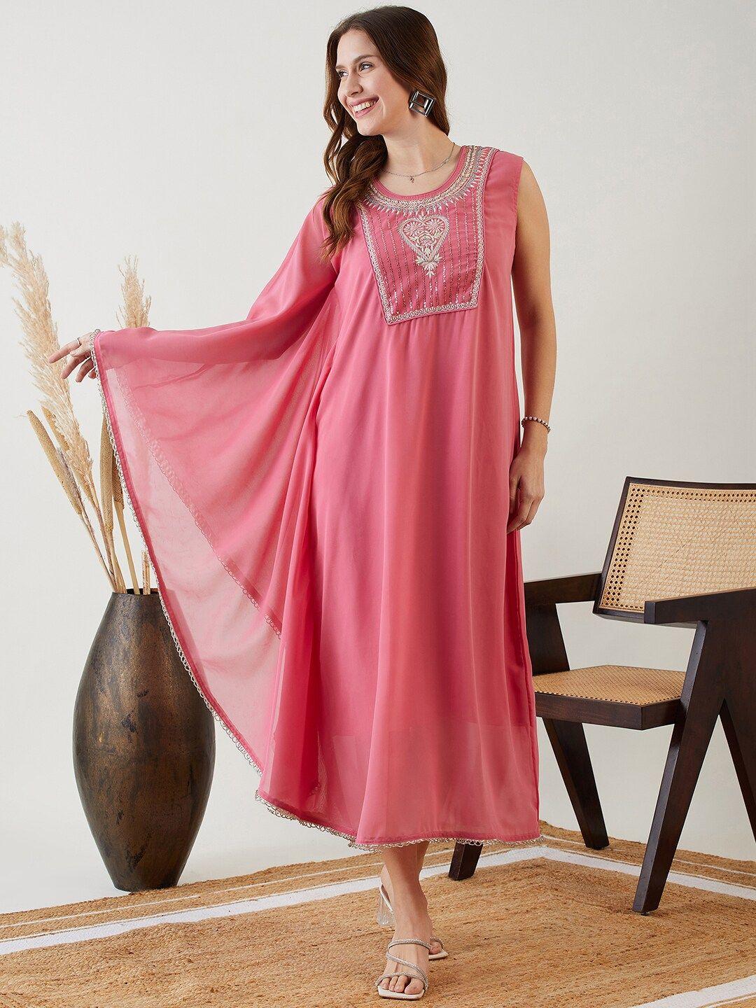 the kaftan company pink floral embroidered georgette kaftan midi dress