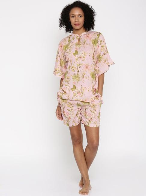 the kaftan company pink floral print top & shorts set