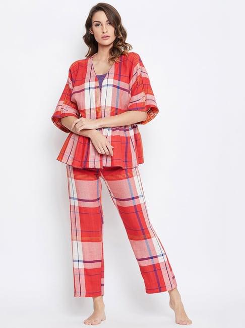 the kaftan company red & orange check reversible top with pants & camisole