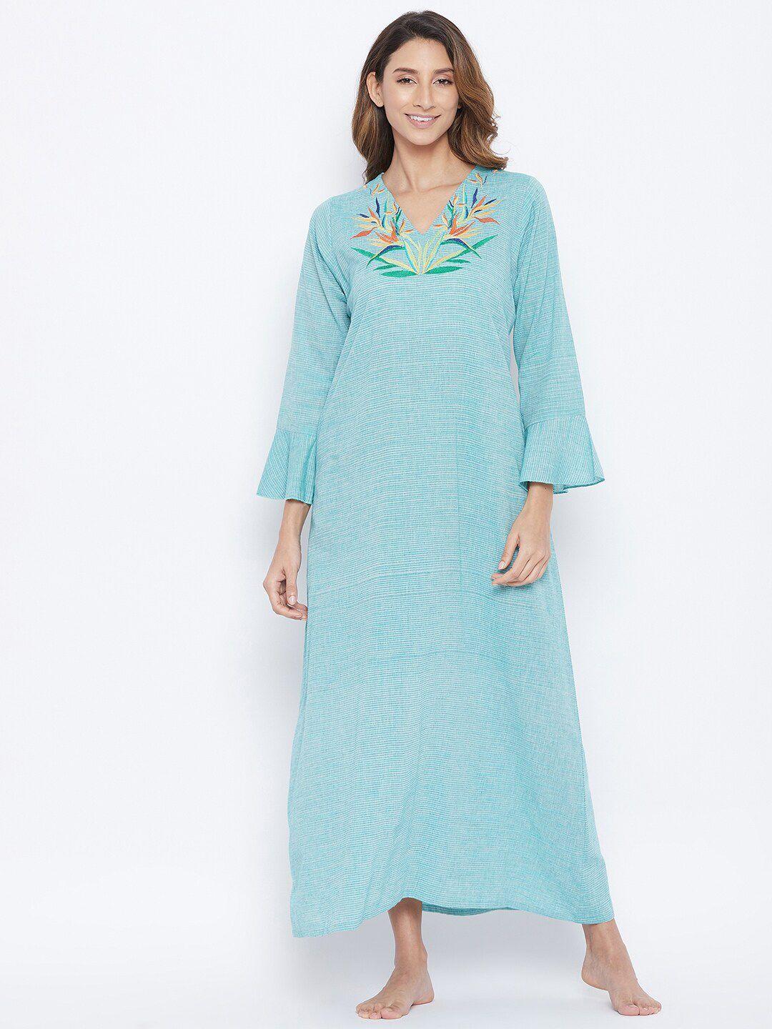 the kaftan company sea green embroidered pure cotton maxi nightdress