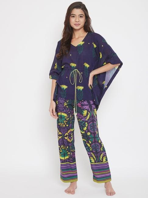 the kaftan company violet floral print kaftan top with pyjama set