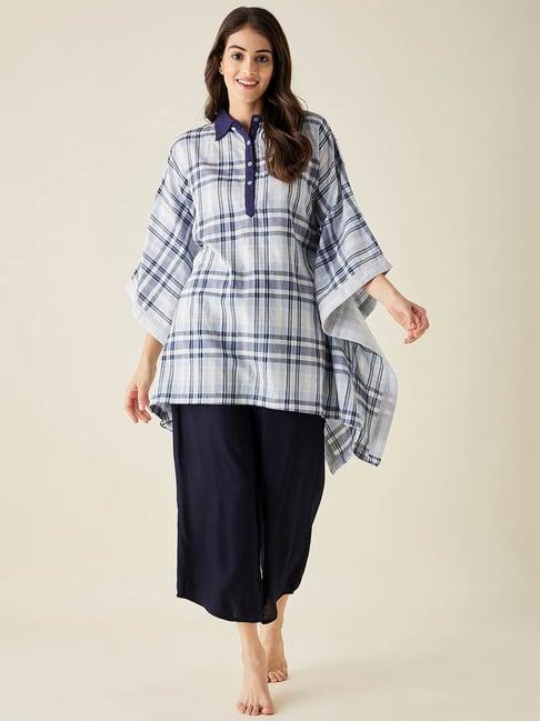 the kaftan company white & blue cotton check kaftan tunic with pyjamas