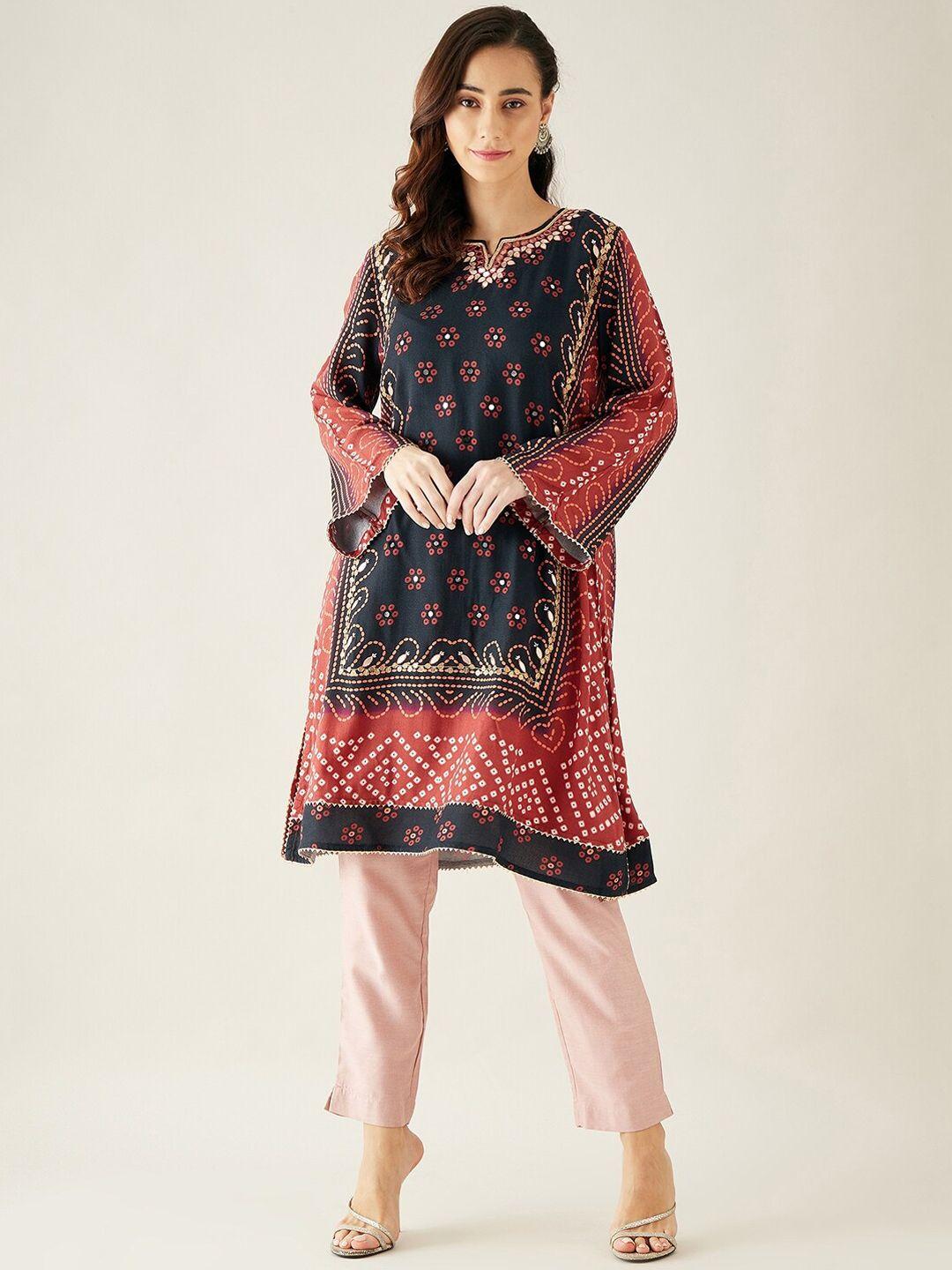the kaftan company women black & maroon ethnic motifs printed flared sleeves pathani kurta