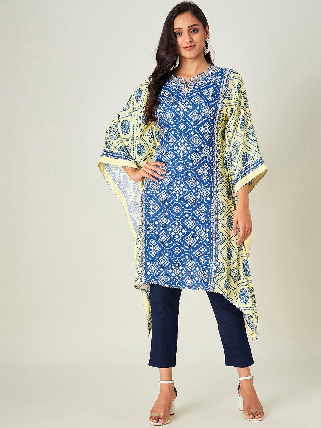 the kaftan company women blue & yellow bandhani printed flared sleeves mirror work kaftan kurta