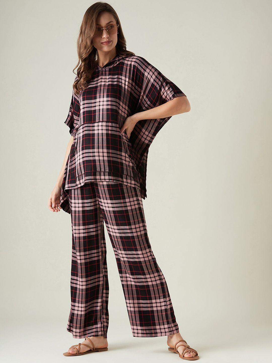 the kaftan company women checked hooded cotton night suit