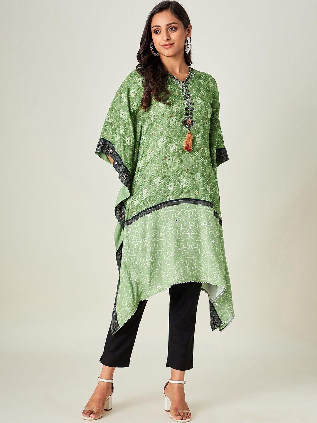 the kaftan company women green & black bandhani yoke design flared sleeves mirror work kaftan kurta