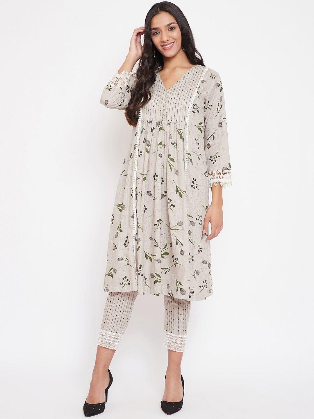 the kaftan company women grey floral printed pleated pure cotton kurta with trousers