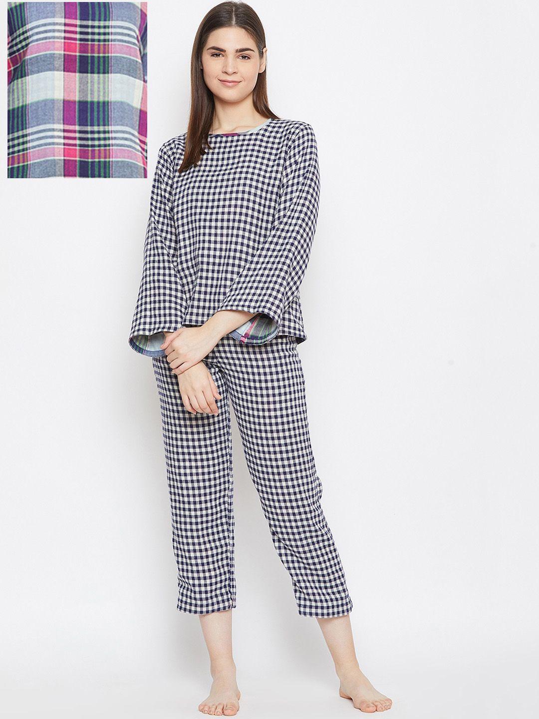 the kaftan company women multicoloured reversible checked night suit