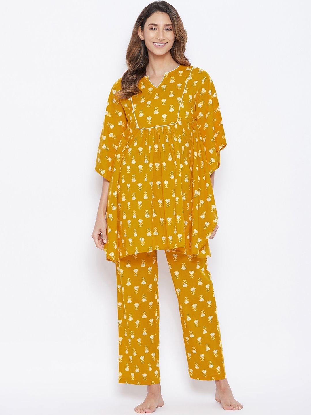 the kaftan company women mustard cotton printed night suit