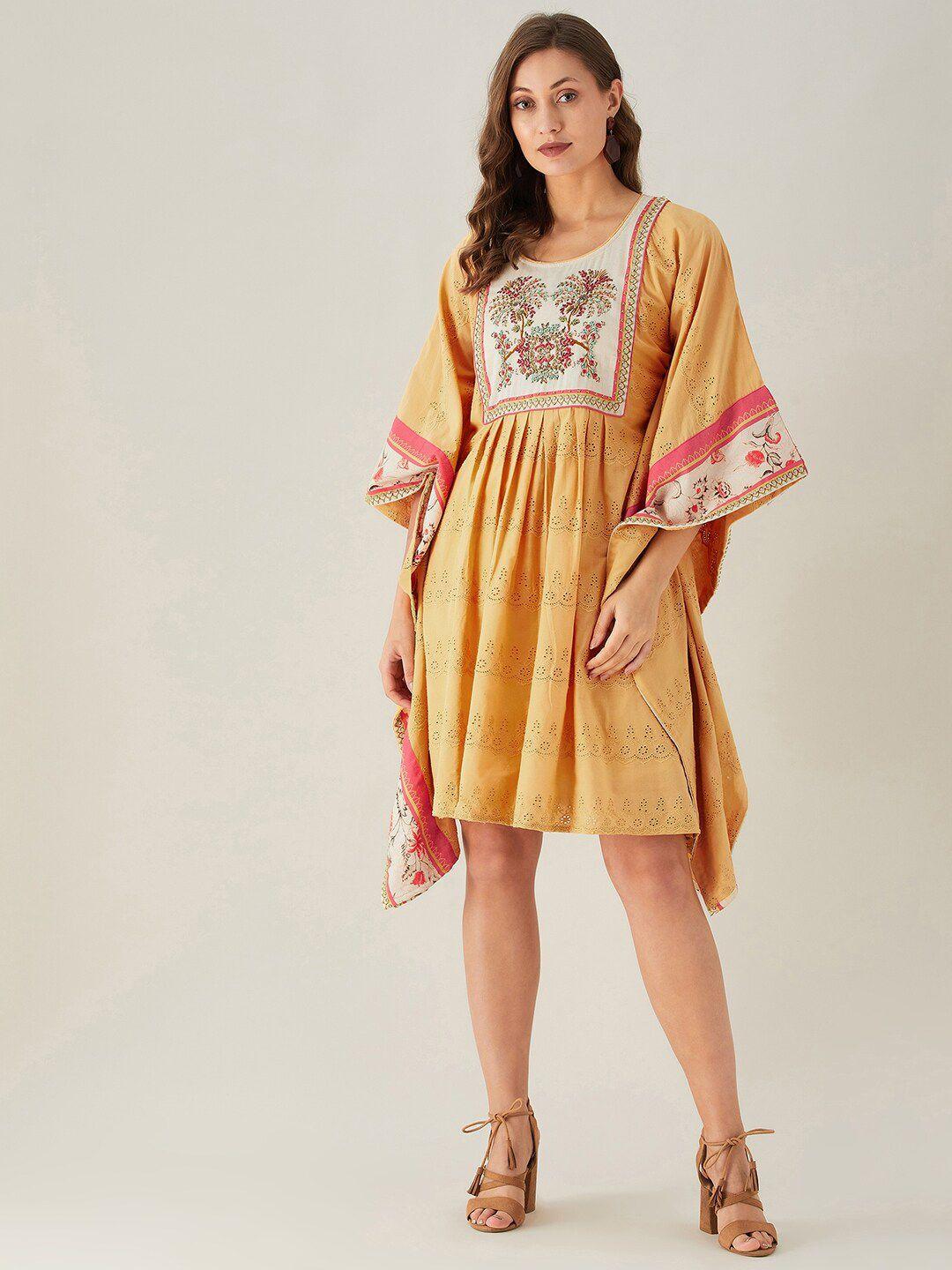 the kaftan company women mustard yellow & white schiffli embroidered cotton kaftan dress