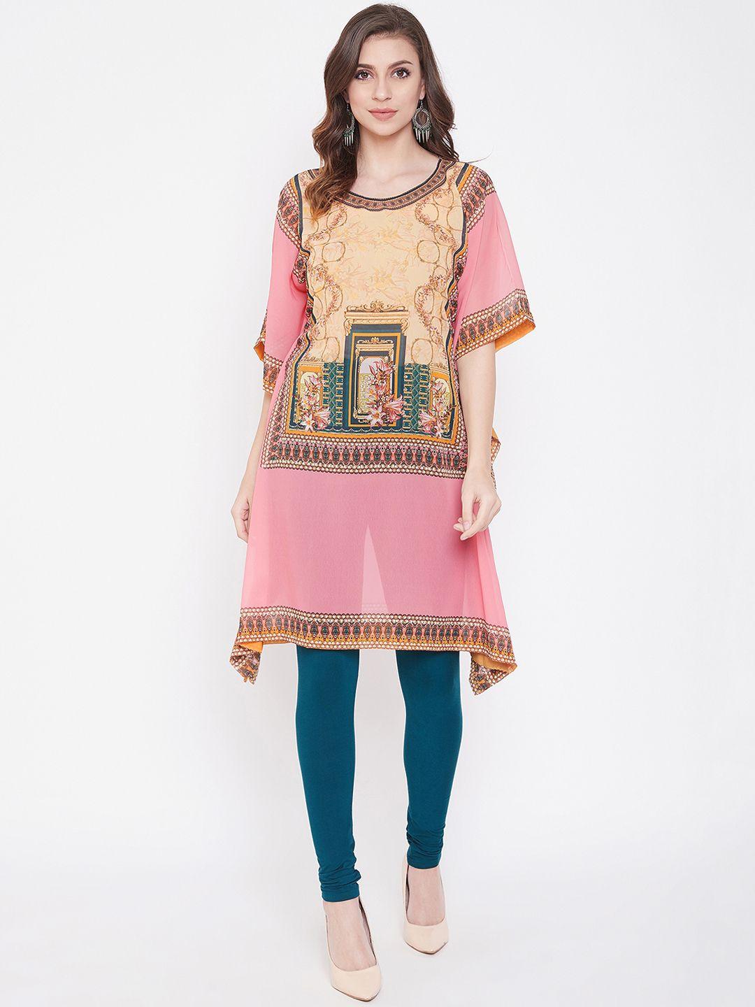 the kaftan company women pink & beige printed asymmetric kaftan kurta