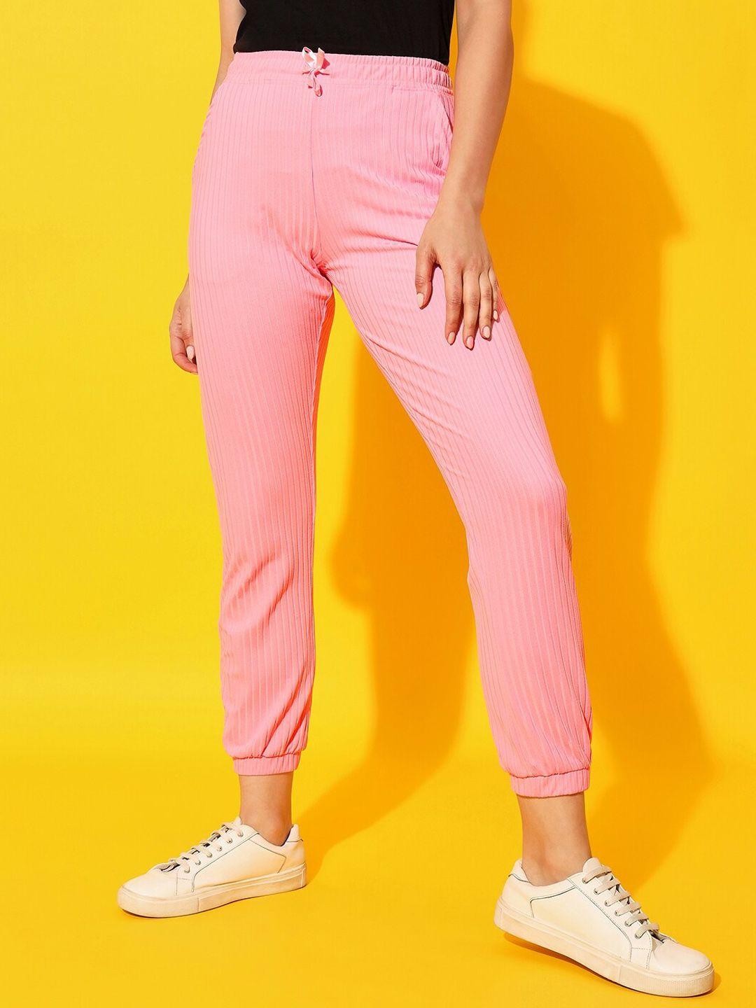 the kaftan company women pink self design ribbed mid rise cotton joggers